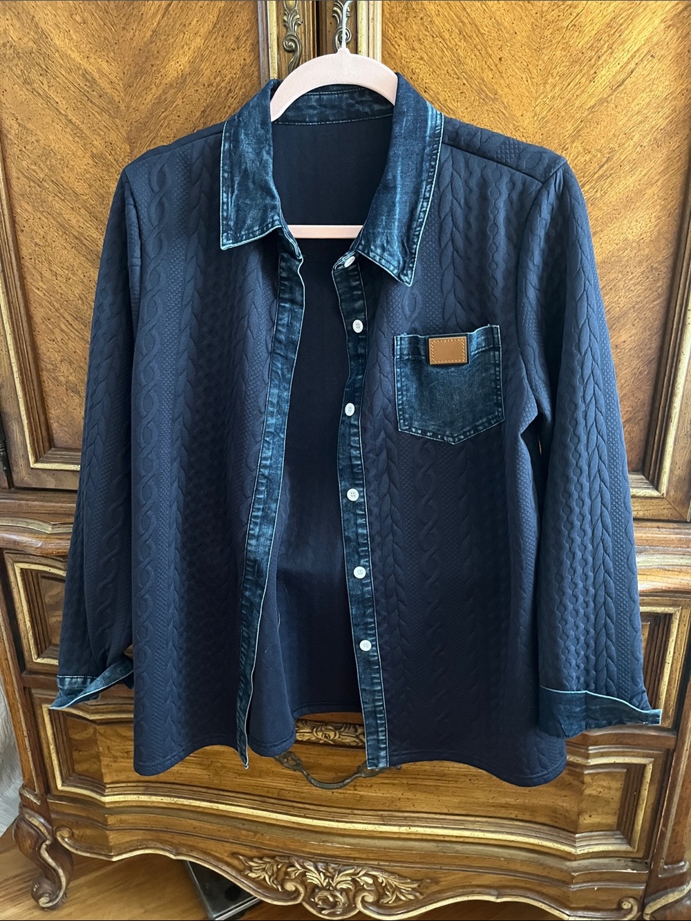 Womans Quilt look Navy Shirt /Jacket with Denim Trim..